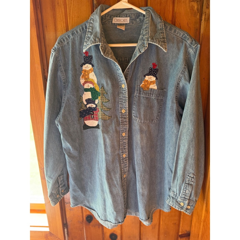 Vintage Cherokee Denim‎ Button Down Shirt Christmas Snowman Applique Holiday Top
